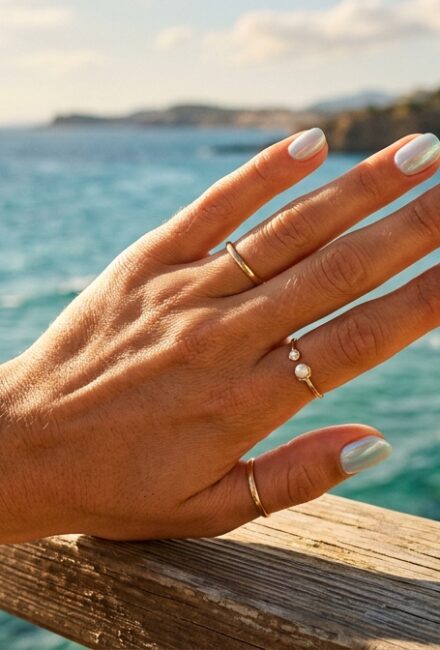 Primer plano de una mano con uñas largas de color azul claro iridiscente y varias joyas de oro finas, apoyada en una barandilla de madera con una pintoresca vista costera de aguas turquesas y una playa de fondo