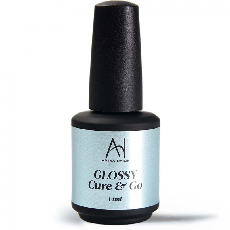 Frasco de esmalte de uñas Astra Nails Glossy Cure & Go de 14 ml, con envase negro y etiqueta azul claro metalizada