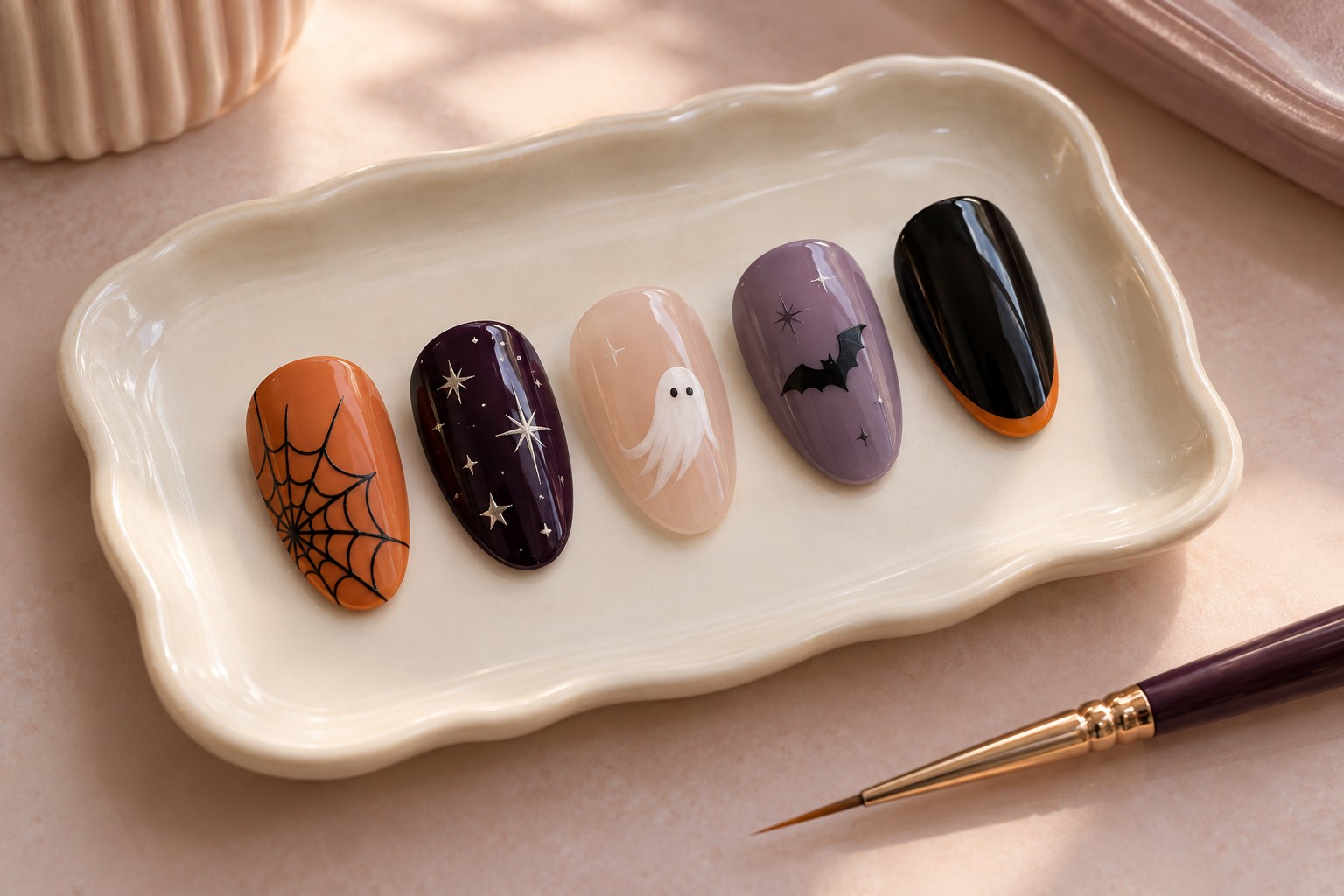 Ideas de nail art Halloween con telaraña, estrellas, fantasma y murciélago.