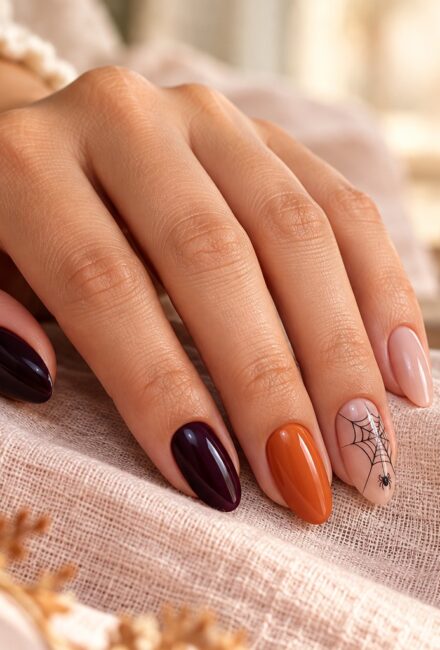 Manicura Halloween en tonos nude, naranja y ciruela con una delicada telaraña negra.