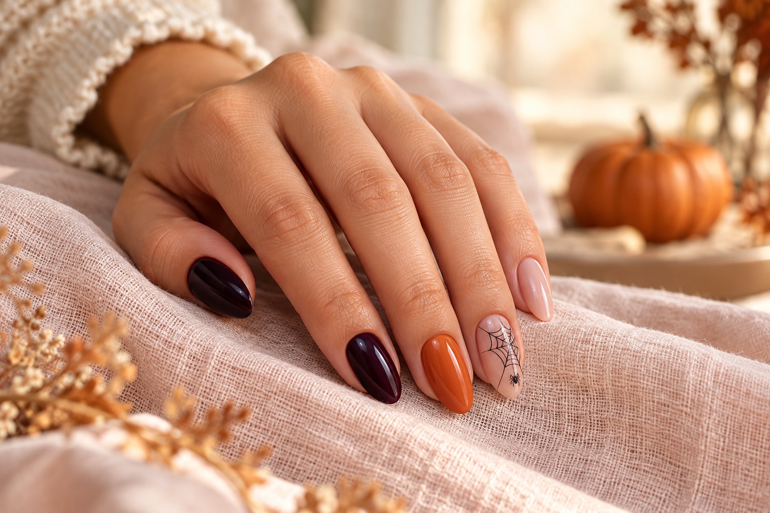 Manicura Halloween en tonos nude, naranja y ciruela con una delicada telaraña negra.